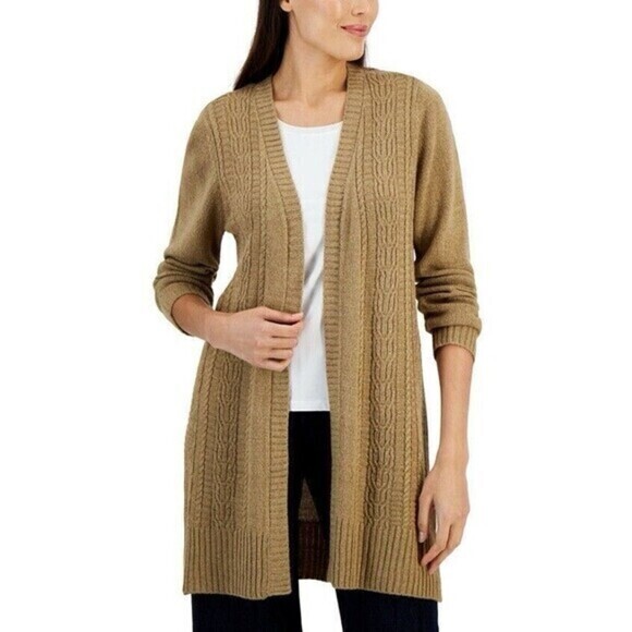 Karen Scott Open-Front Cable-Knit Duster Cardigan XL Chestnut Brown Sweater NEW - Picture 1 of 16